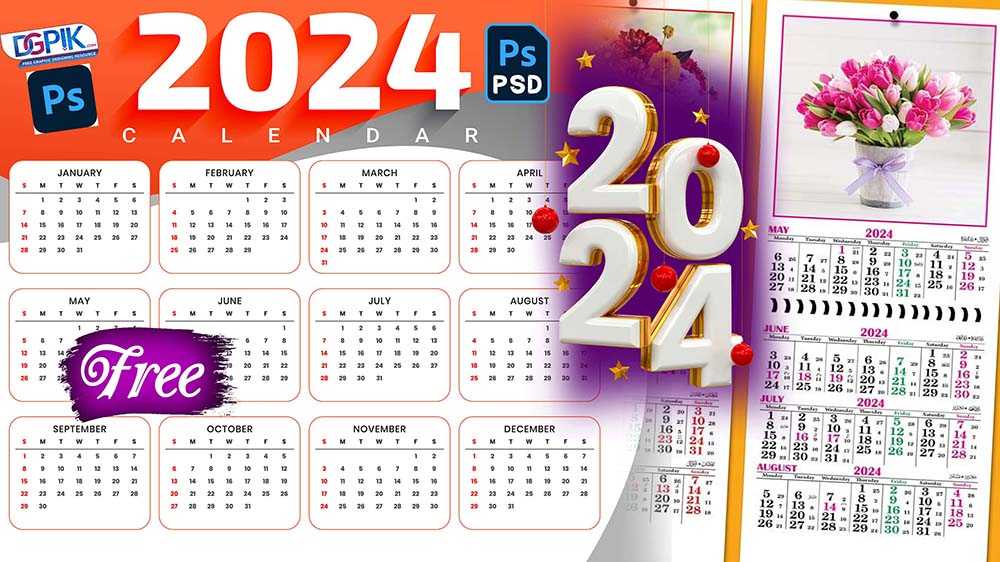 New Year 2024 Calendar PSD Template Design DGPik